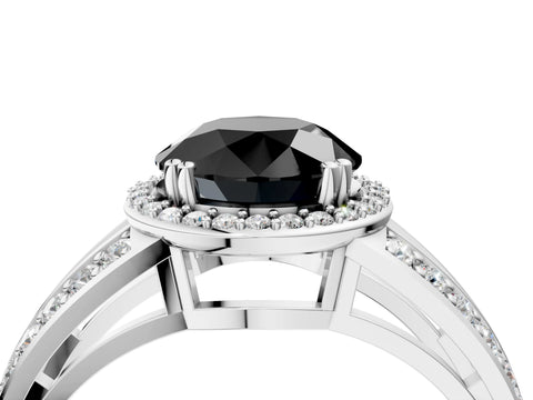 White gold Fancy Black Round Cut Diamond Halo Ring with Split Shank Pavé Band and Four-Prong Setting_4