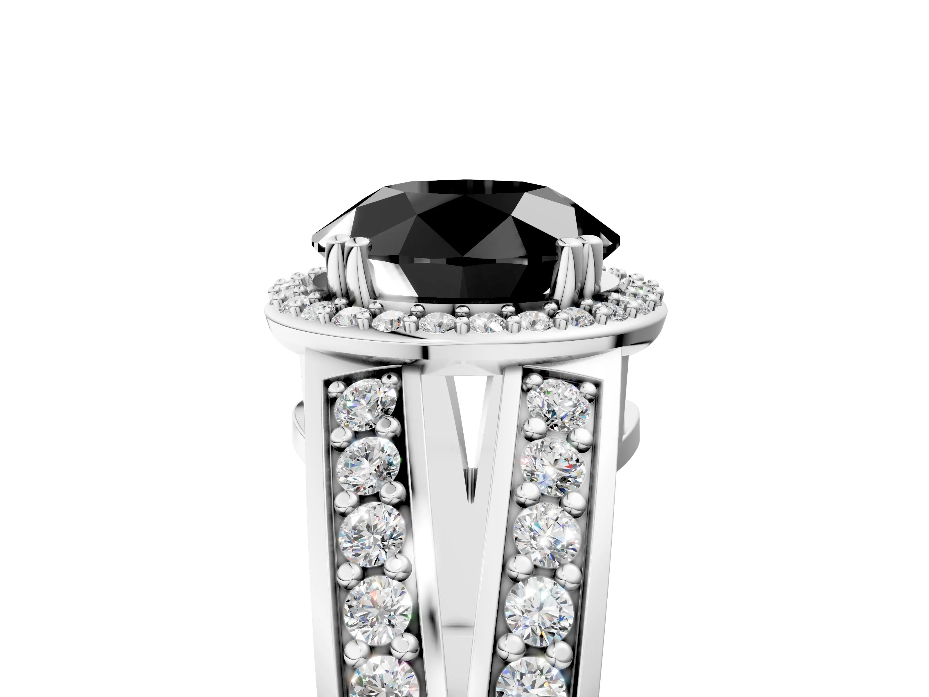 White gold Fancy Black Round Cut Diamond Halo Ring with Split Shank Pavé Band and Four-Prong Setting_5