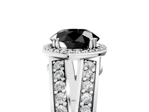 White gold Fancy Black Round Cut Diamond Halo Ring with Split Shank Pavé Band and Four-Prong Setting_5