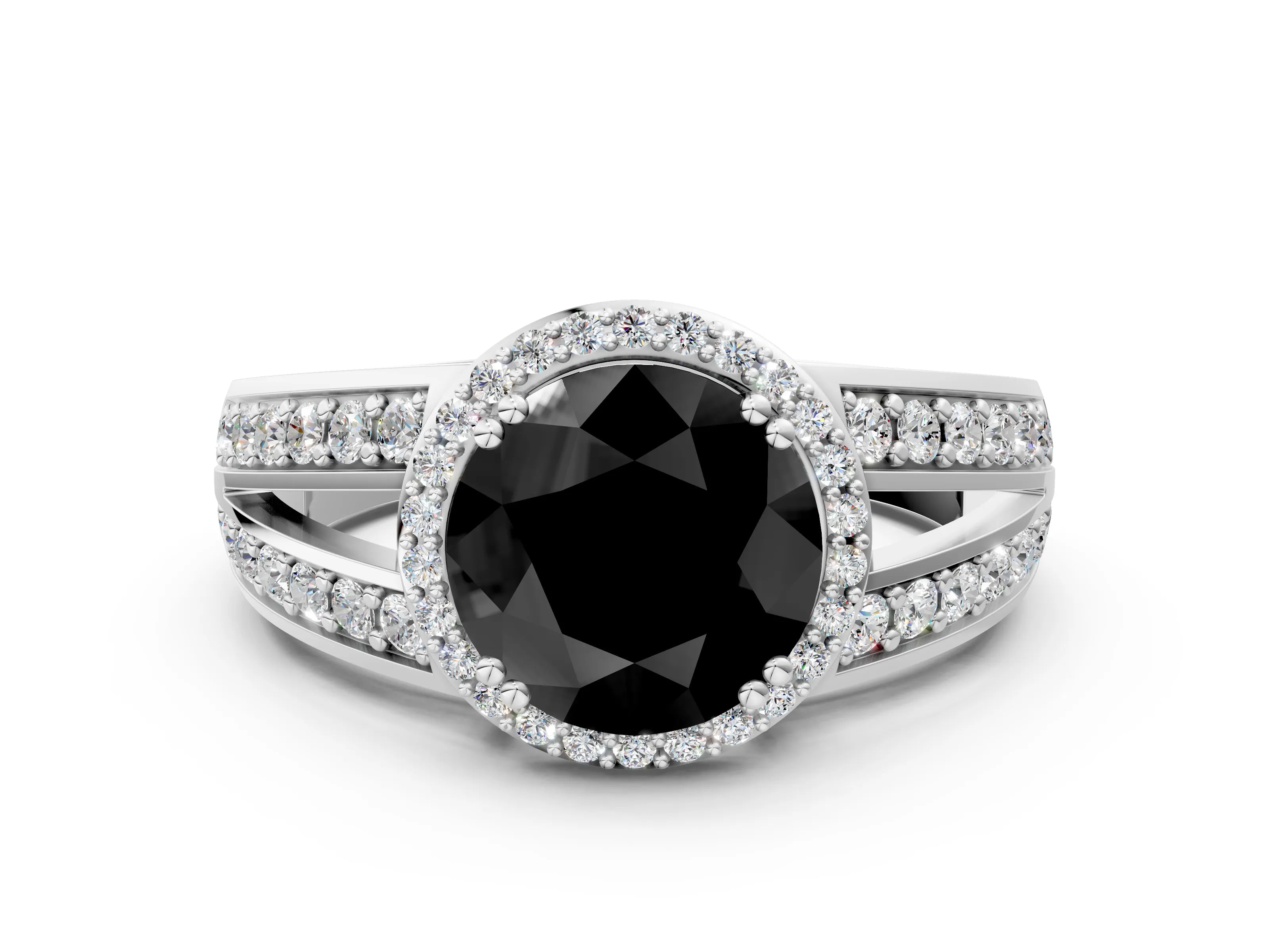 White gold Fancy Black Round Cut Diamond Halo Ring with Split Shank Pavé Band and Four-Prong Setting