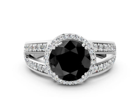 White gold Fancy Black Round Cut Diamond Halo Ring with Split Shank Pavé Band and Four-Prong Setting