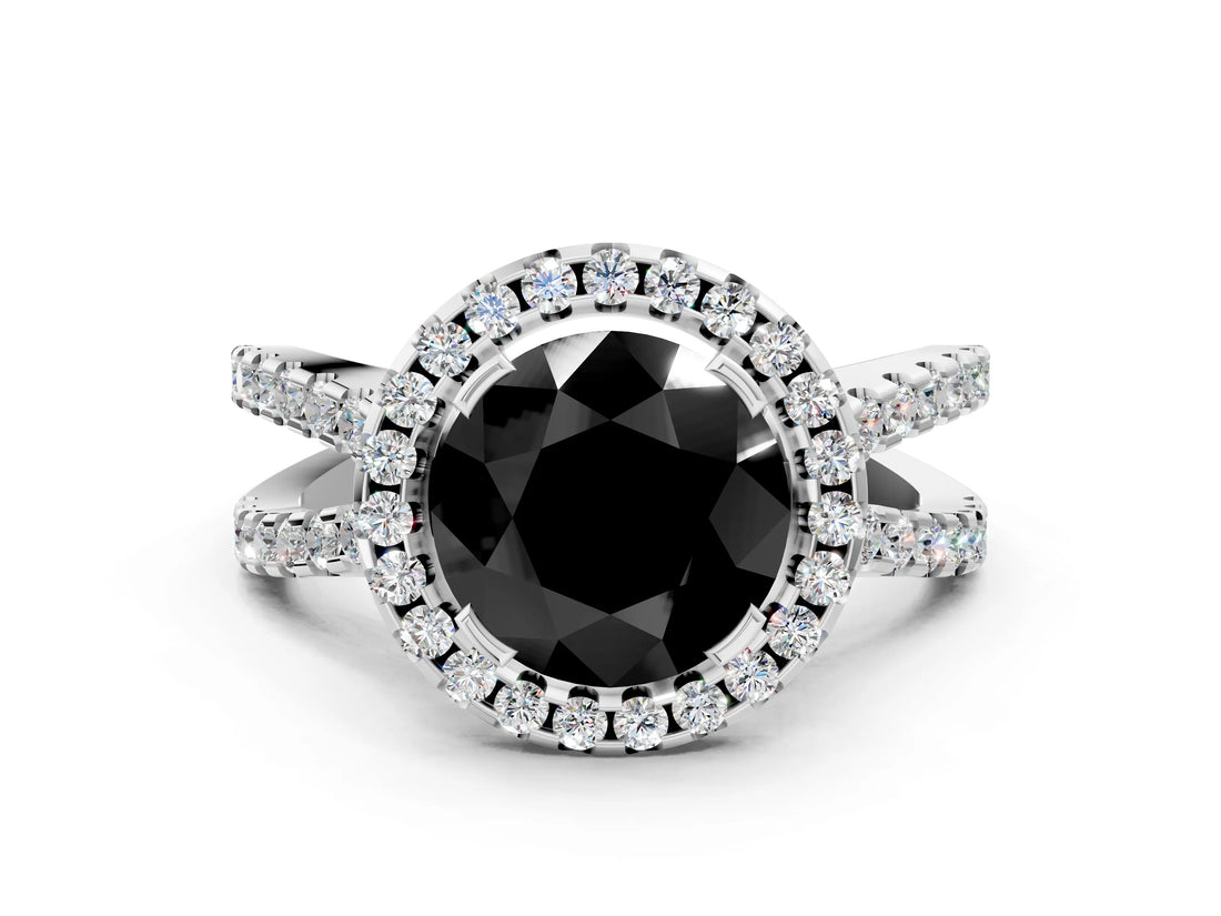 White gold Fancy Black Round Cut Diamond Halo Ring with Split Shank Pavé Band and Prong Setting_12