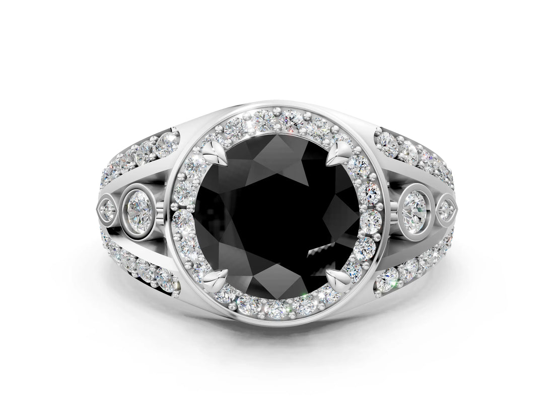 White gold Fancy Black Round Cut Diamond Halo Ring with Split Shank and Bezel Accents and Four-Prong Setting