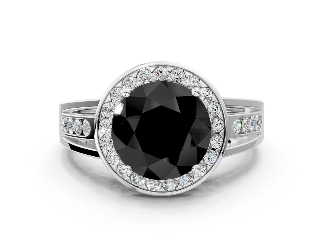 White gold Fancy Black Round Cut Diamond Halo Ring with Split Shank and Bezel Accents and Prong Setting