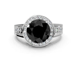 White gold Fancy Black Round Cut Diamond Halo Ring with Split Shank and Bezel Accents and Prong Setting