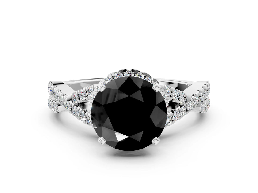 White gold Fancy Black Round Cut Diamond  Halo Twist Band Solitaire Prong Setting Ring_12
