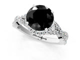 White gold Fancy Black Round Cut Diamond Halo Twist Band Solitaire Prong Setting Ring_1