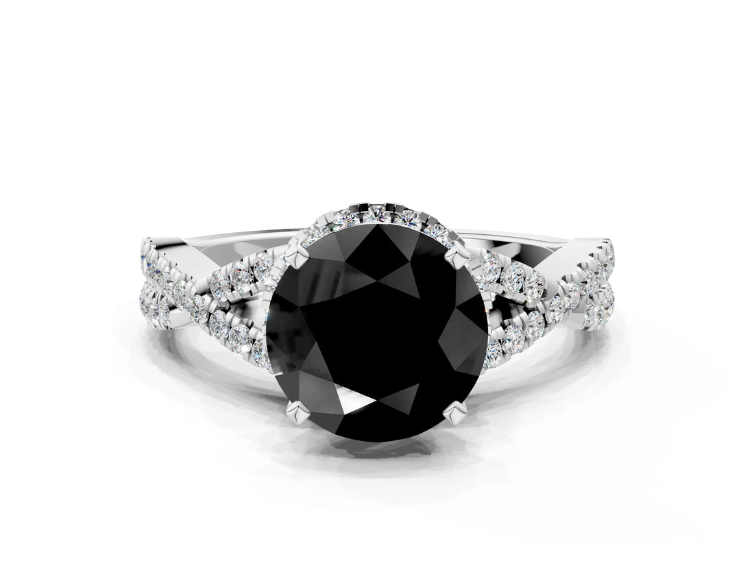White gold Fancy Black Round Cut Diamond Halo Twist Band Solitaire Prong Setting Ring