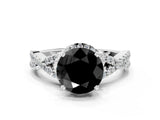 White gold Fancy Black Round Cut Diamond Halo Twist Band Solitaire Prong Setting Ring