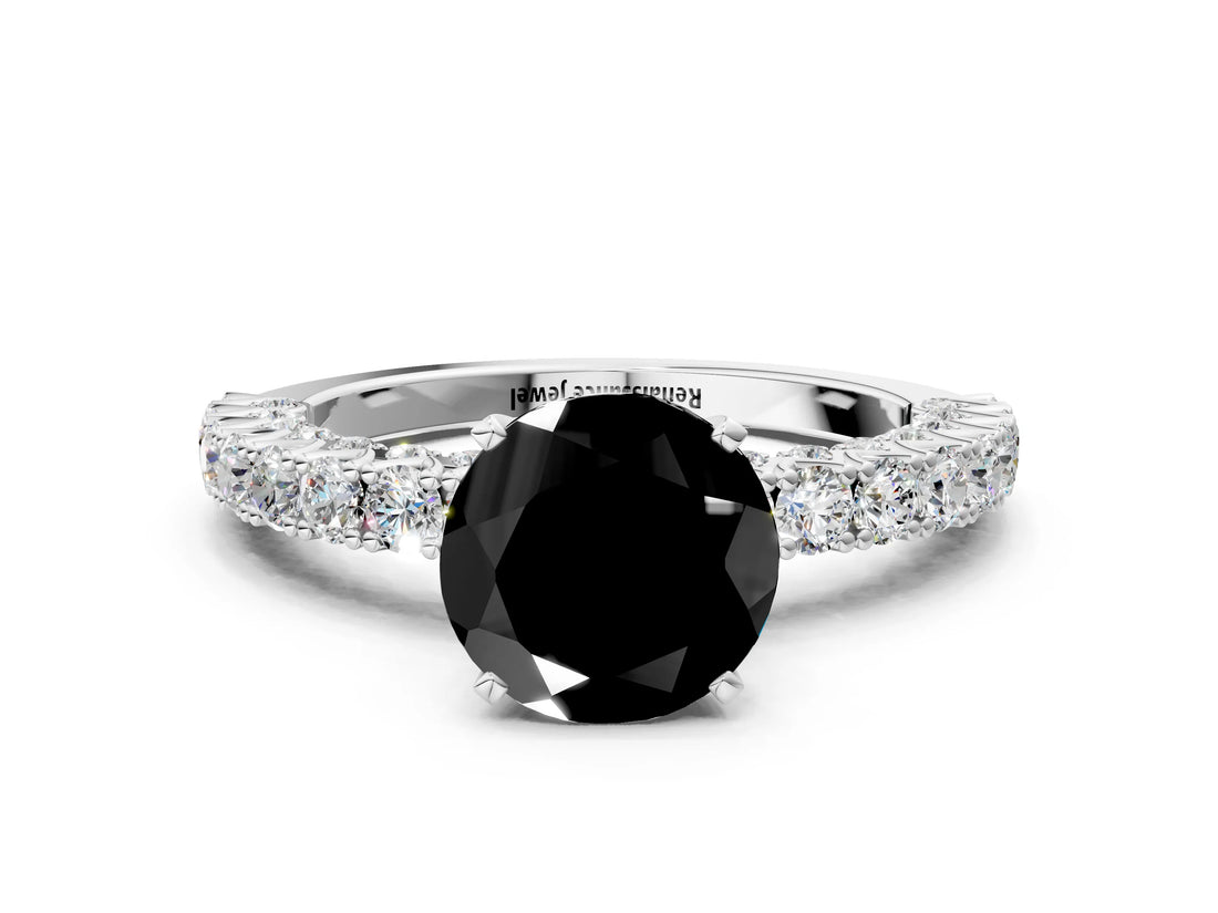 White gold Fancy Black Round Cut Diamond Pavé Band Solitaire Ring with Prong Setting_24