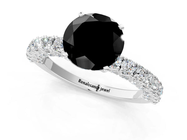 Platinum Round Solitaire Engagement Ring Setting for Black Center with Two-Row Round Accent Band