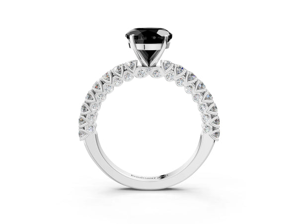 White Gold Round Solitaire Engagement Ring Setting for Black Center with Two-Row Round Accent Band