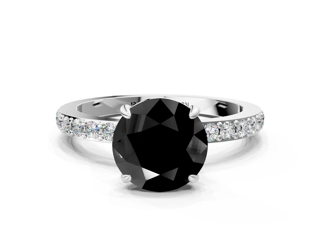 White gold Fancy Black Round Cut Diamond Pavé Engagement Ring with Round  Accents and Prong Setting_24