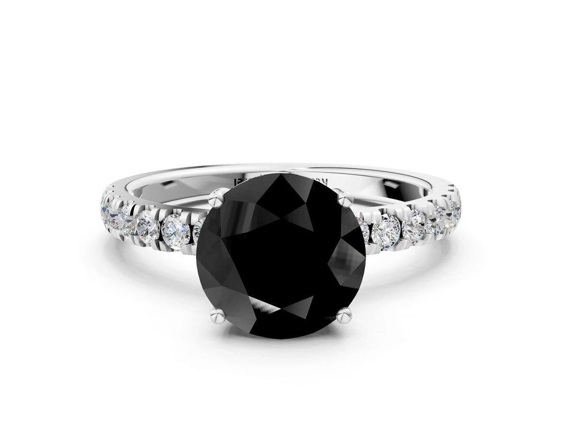 White gold Fancy Black Round Cut Diamond Pave Band Solitaire Ring with Round  and Prong Setting_72