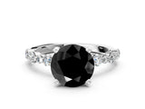 White gold Fancy Black Round Cut Diamond Prong Set Engagement Ring with Pave Band