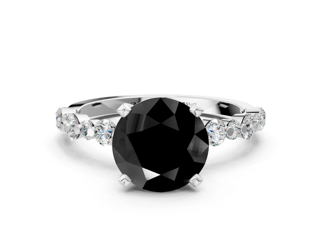 White gold Fancy Black Round Cut Diamond Prong Set Engagement Ring with Pave Band
