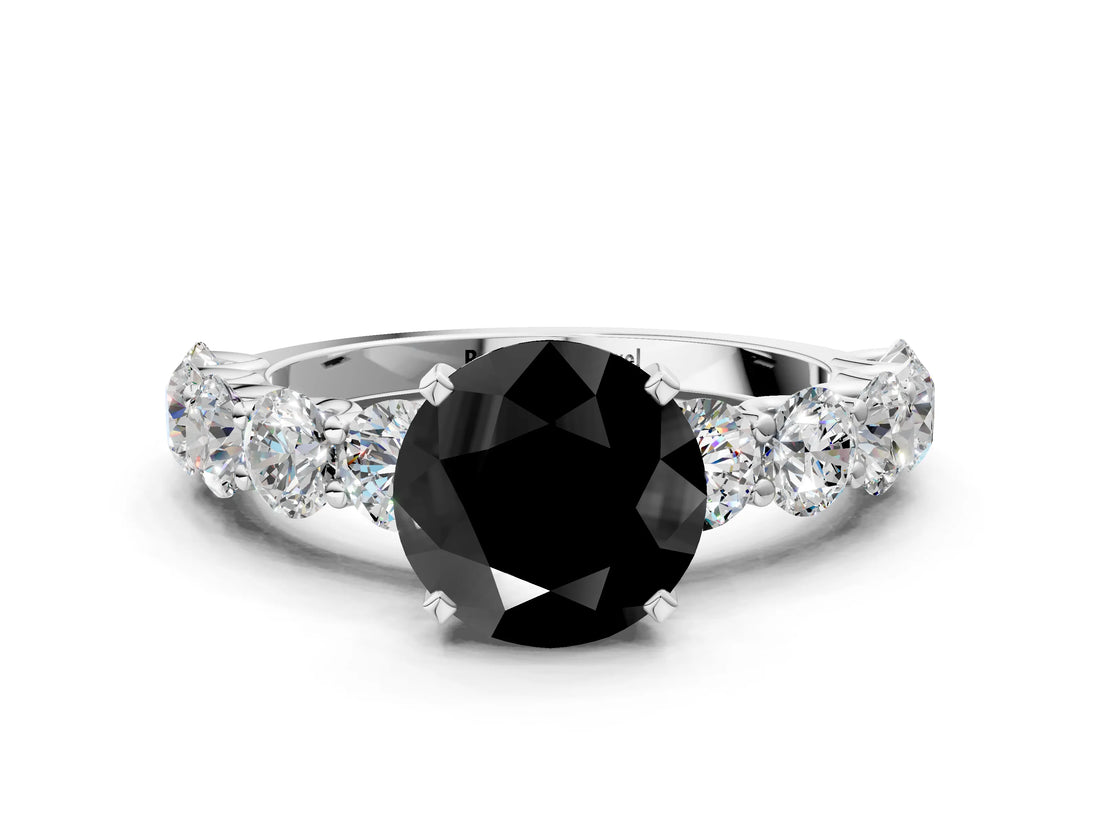 White gold Fancy Black Round Cut Diamond Prong Setting with Side Stones on a Pave Band