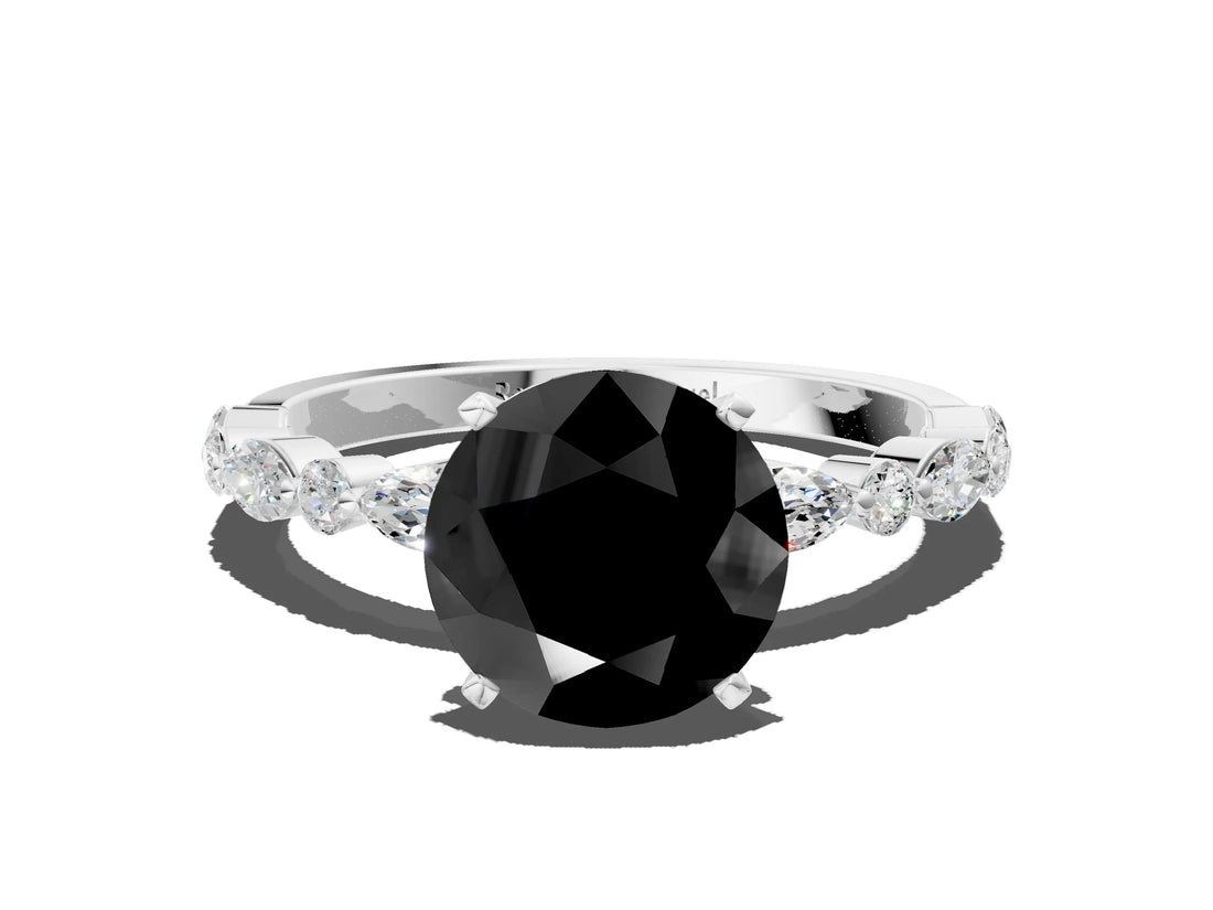 White gold Fancy Black Round Cut Diamond Ring with Marquise and Round  Side Stones and Four-Prong Setting_60