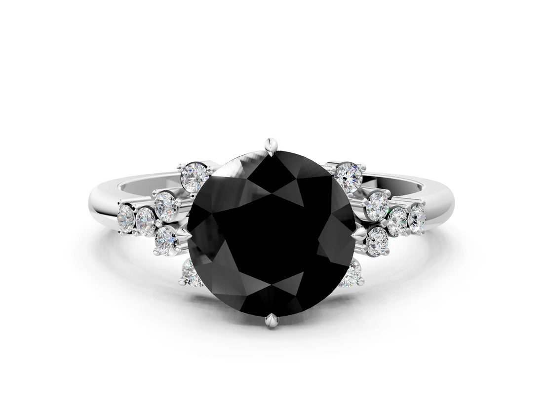 White gold Fancy Black Round Cut Diamond Ring with Side Stones and Four-Prong Setting_60