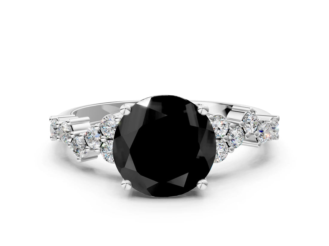 White gold Fancy Black Round Cut Diamond Scattered Round Accent Ring with Prong Setting_12