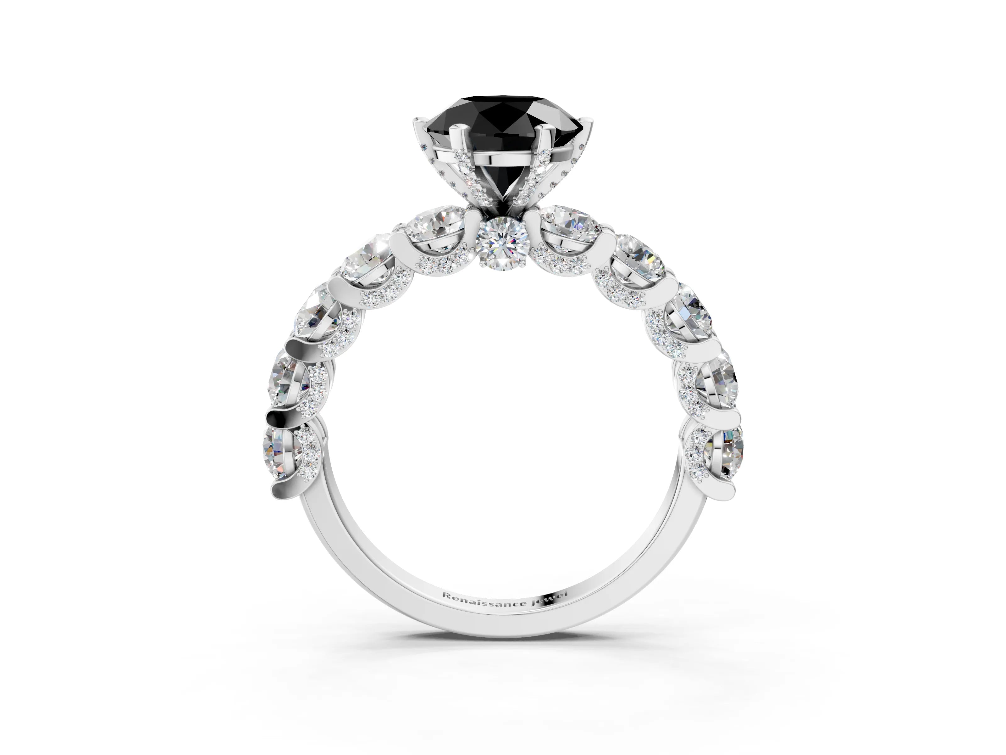 White gold Fancy Black Round Cut Diamond Side Stone Engagement Ring with Four-Prong Setting_39