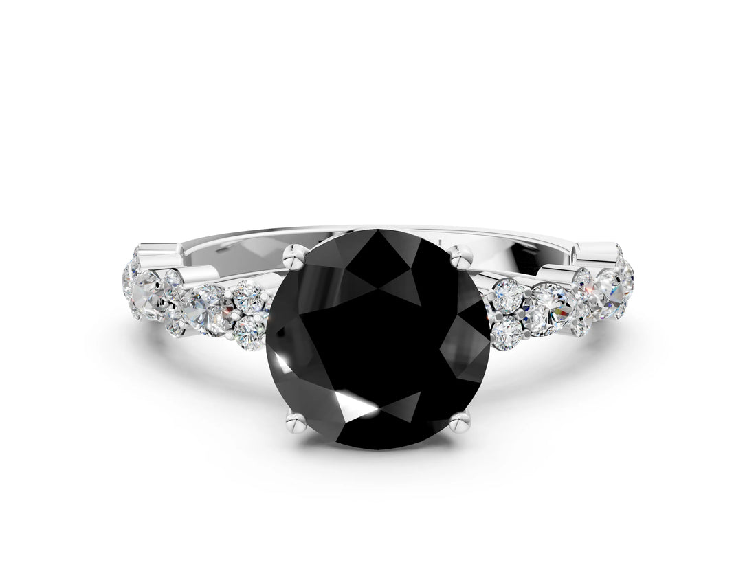 White gold Fancy Black Round Cut Diamond Side Stone Solitaire Ring with Round  and Four-Prong Setting_12