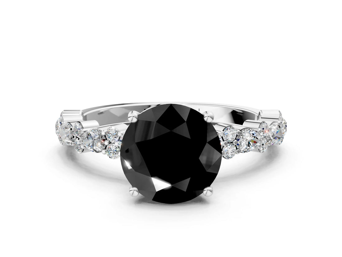 White gold Fancy Black Round Cut Diamond Side Stone Solitaire Ring with Round  and Four-Prong Setting_48