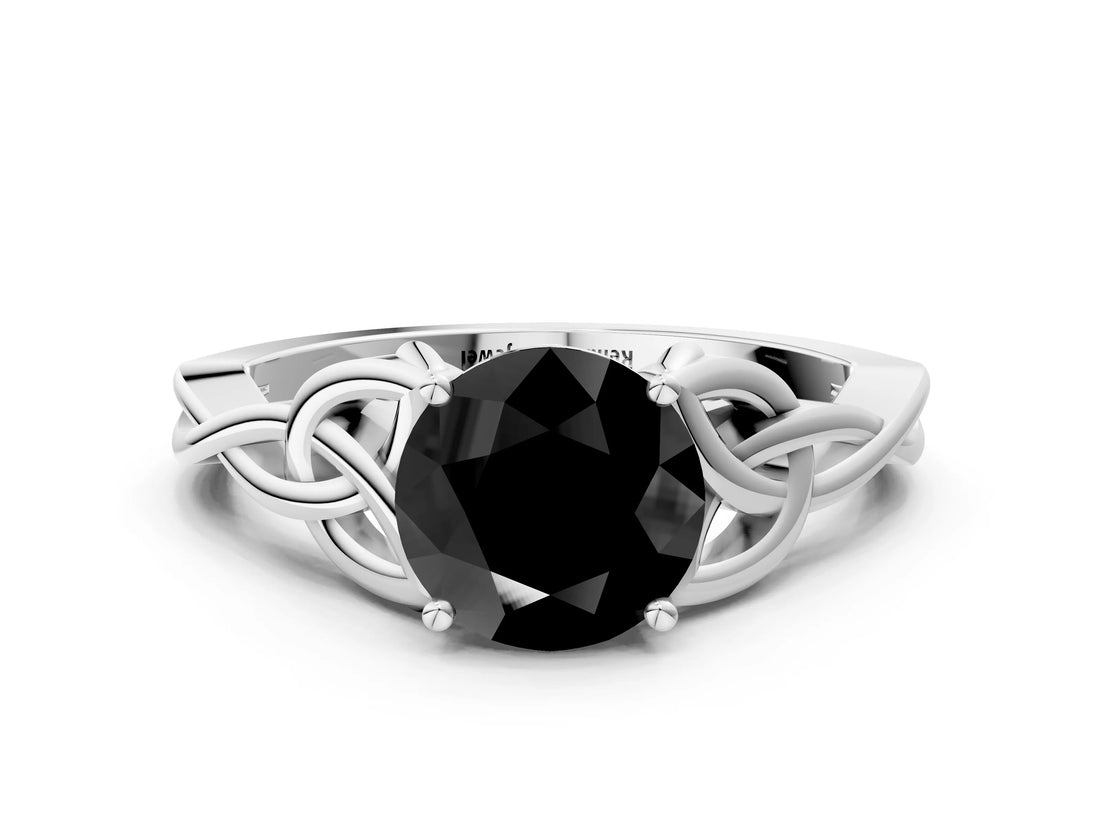 White gold Fancy Black Round Cut Diamond Solitaire Engagement Ring with Celtic Knot Band and Four-Prong Setting