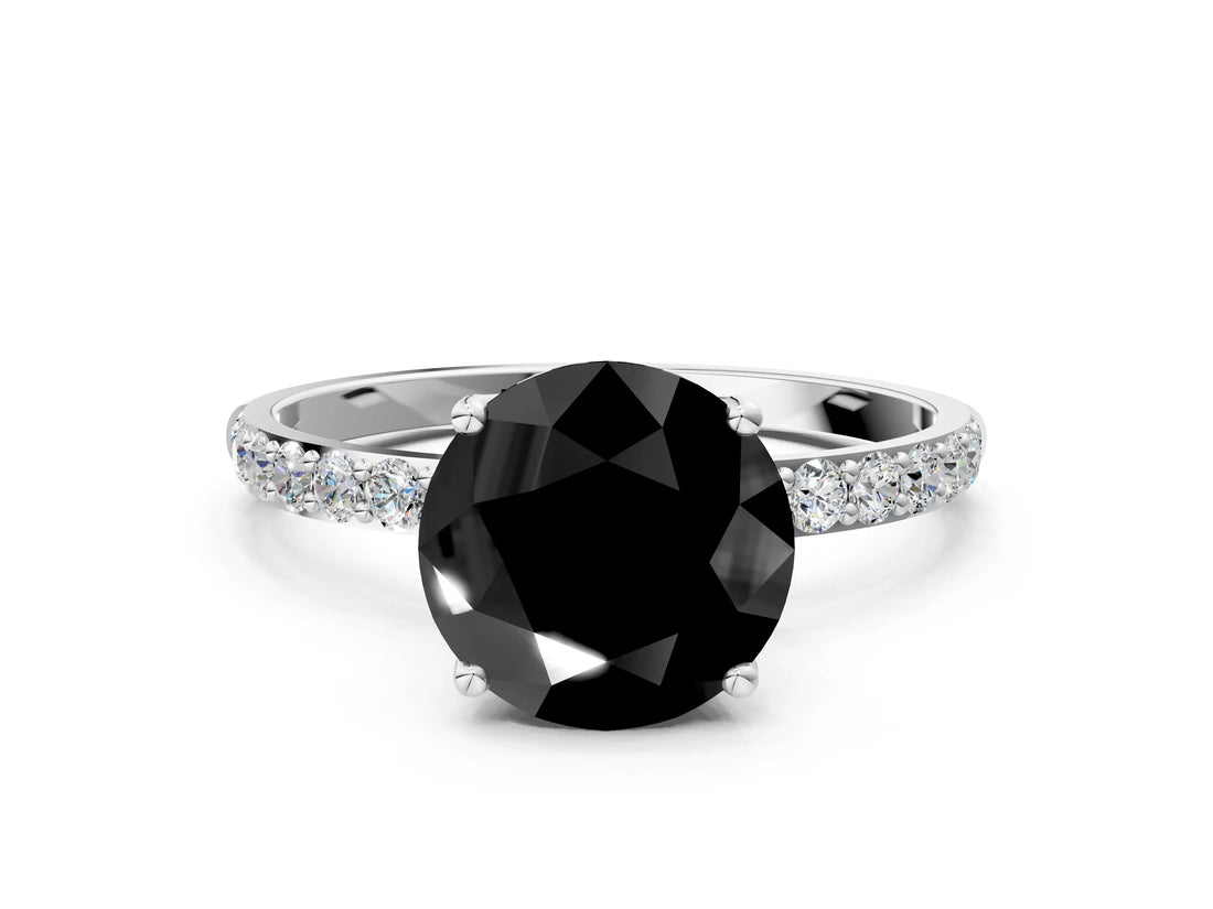White gold Fancy Black Round Cut Diamond Solitaire Engagement Ring with Pavé Band and Prong Setting
