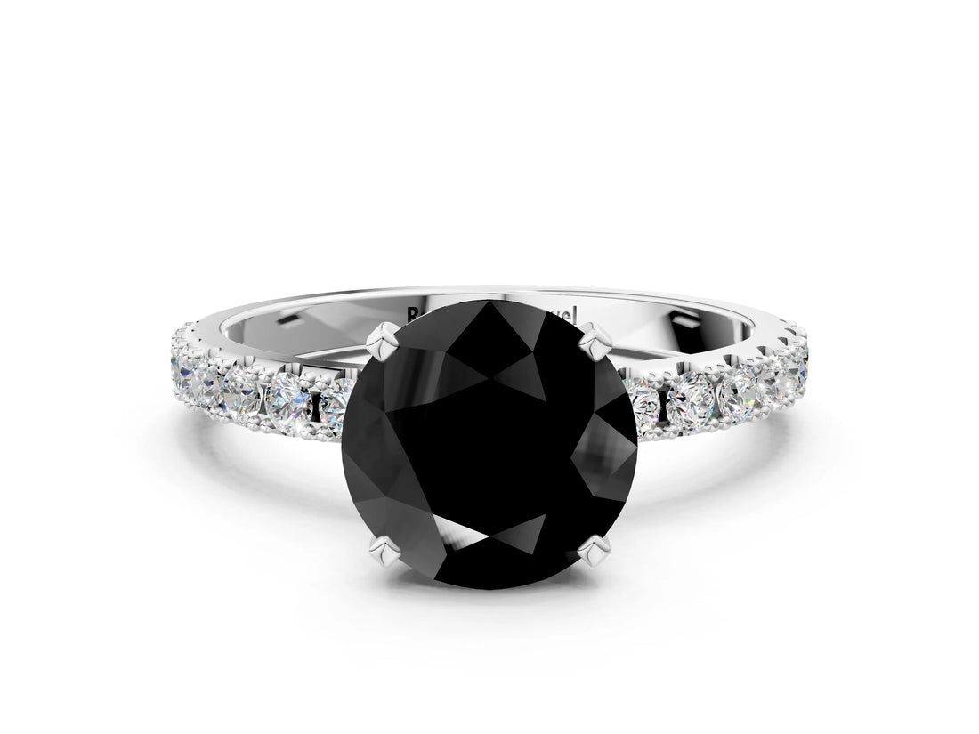 White gold Fancy Black Round Cut Diamond Solitaire Pavé Band with Four-Prong Setting
