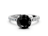 White gold Fancy Black Round Cut Diamond Solitaire Pavé Band with Four-Prong Setting