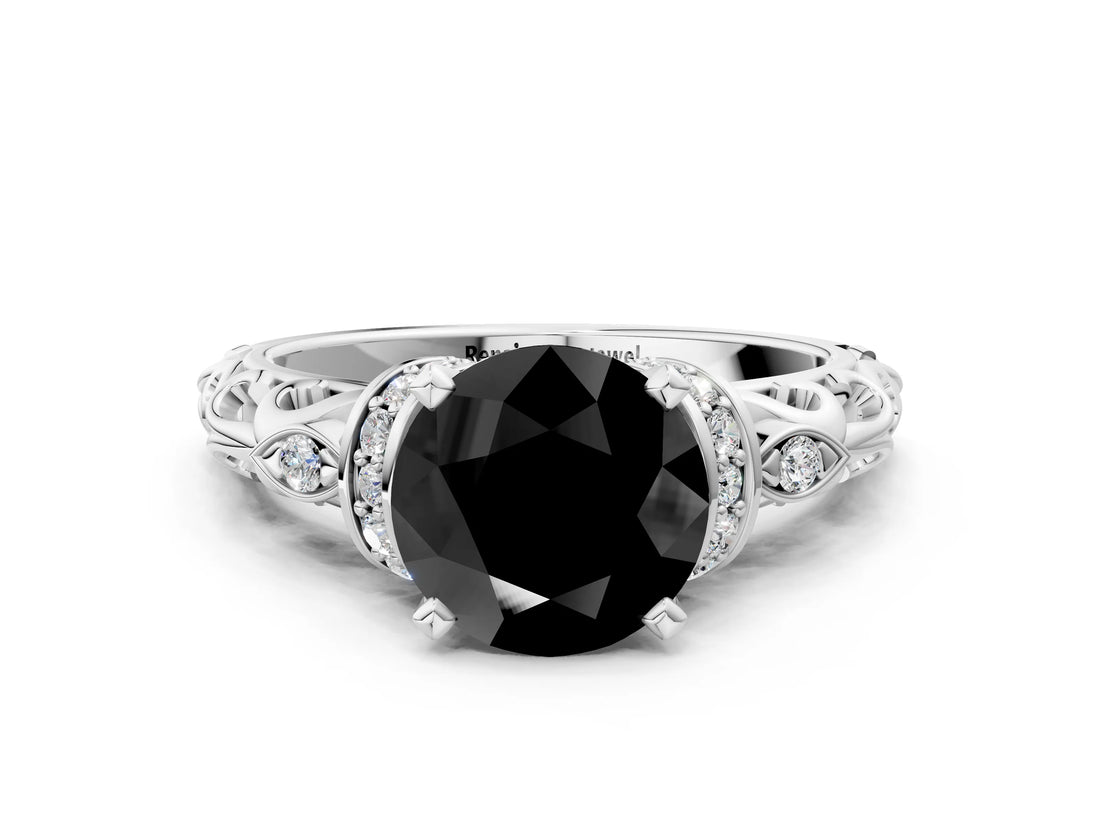 White gold Fancy Black Round Cut Diamond Solitaire Ring with Filigree Band and Four-Prong Setting_12