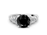 White gold Fancy Black Round Cut Diamond Solitaire Ring with Filigree Band and Four-Prong Setting_12