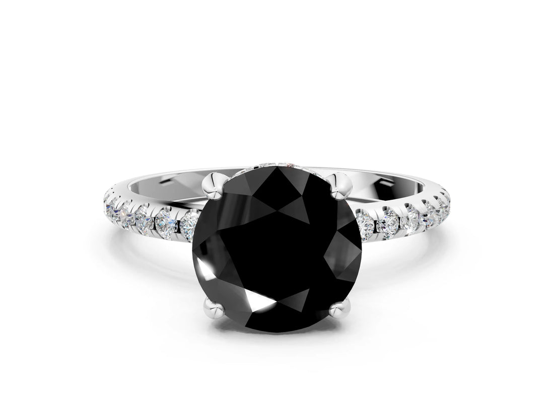 White gold Fancy Black Round Cut Diamond Solitaire Ring with Four-Prong Setting and Pavé Band_15