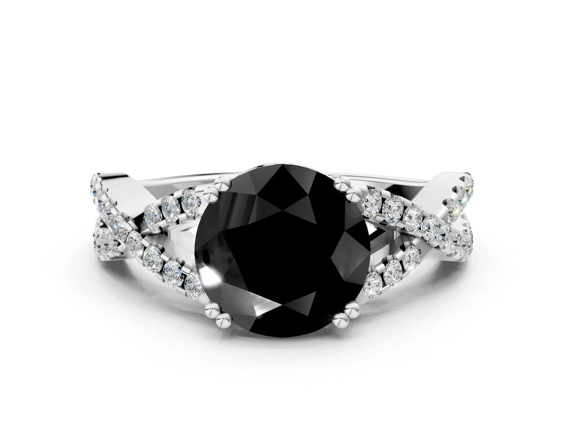 White gold Fancy Black Round Cut Diamond Solitaire Ring with Four-Prong Setting and Twisted Pavé Band_12