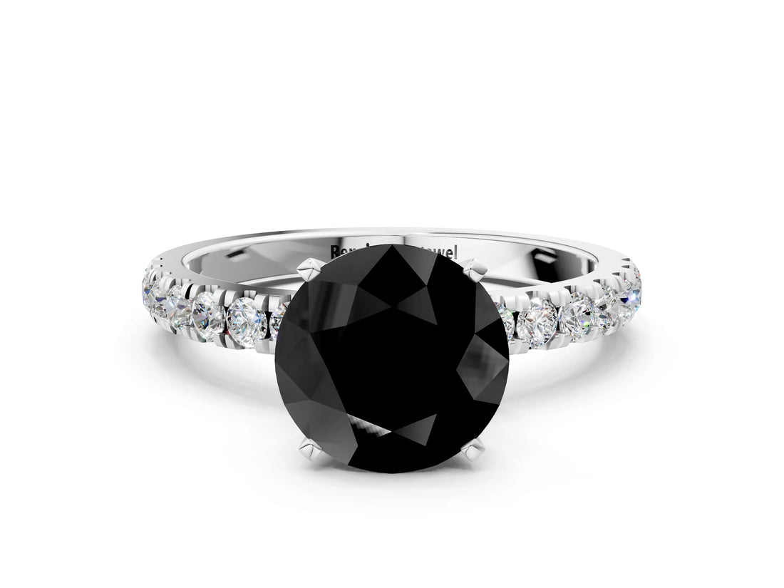 White gold Fancy Black Round Cut Diamond Solitaire Ring with Pavé Accents and Four-Prong Setting