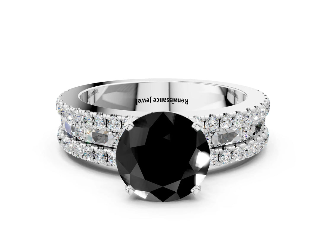 White gold Fancy Black Round Cut Diamond Solitaire Ring with Pavé and Channel Set Band