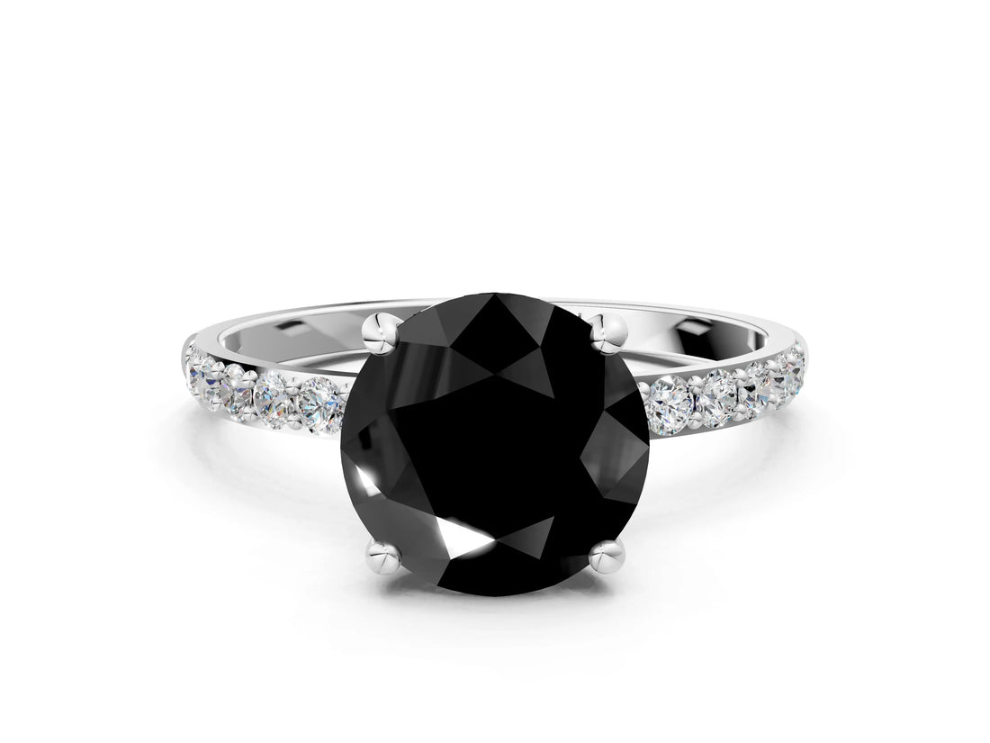 White gold Fancy Black Round Cut Diamond Solitaire Ring with Pave Band and Four Prong Setting_24