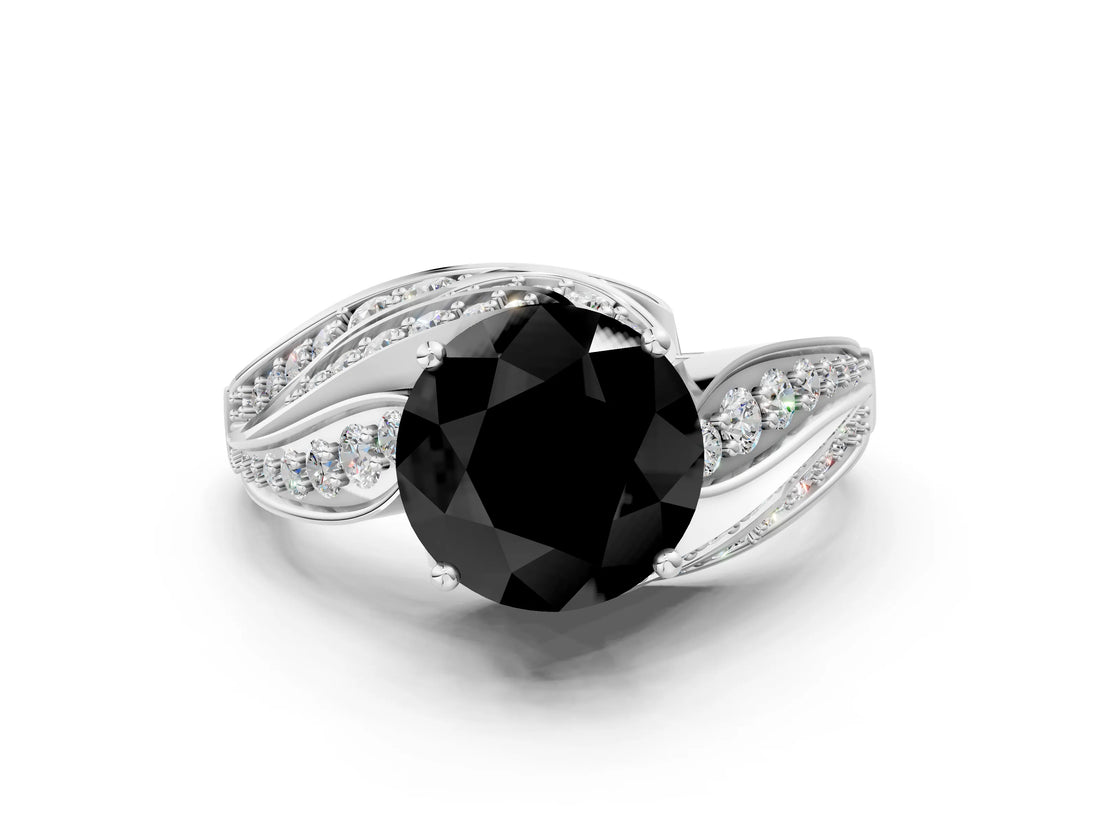 White gold Fancy Black Round Cut Diamond Solitaire Ring with Prong Setting and Twisted Pavé Band_12