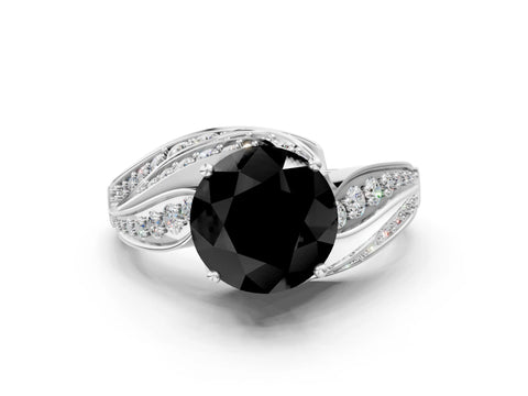 White gold Fancy Black Round Cut Diamond Solitaire Ring with Prong Setting and Twisted Pavé Band_12