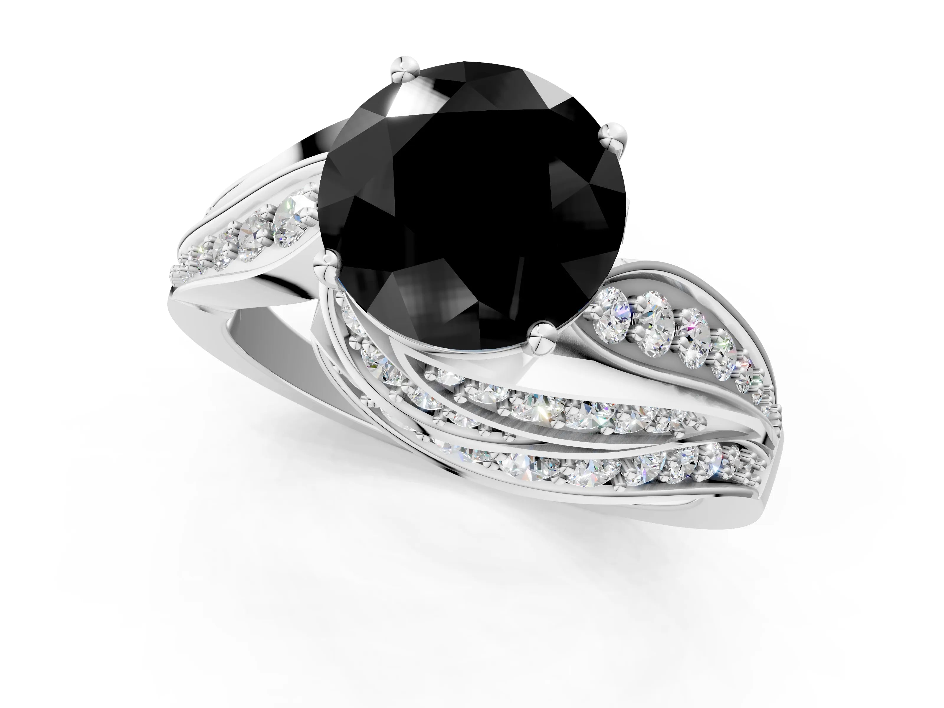 White gold Fancy Black Round Cut Diamond Solitaire Ring with Prong Setting and Twisted Pavé Band_13