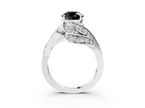 White gold Fancy Black Round Cut Diamond Solitaire Ring with Prong Setting and Twisted Pavé Band_15