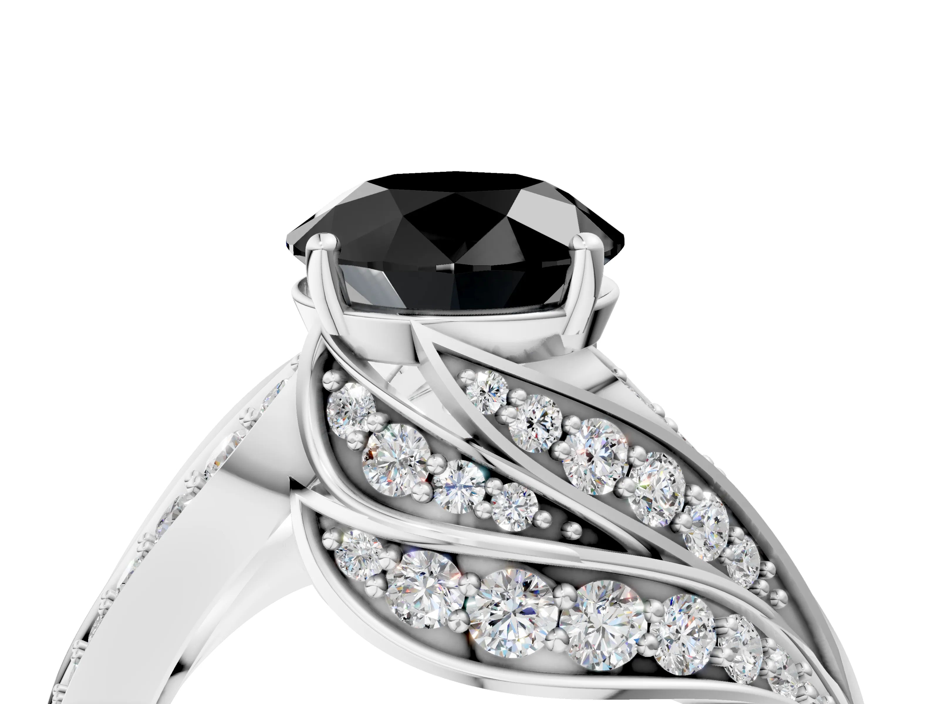 White gold Fancy Black Round Cut Diamond Solitaire Ring with Prong Setting and Twisted Pavé Band_16