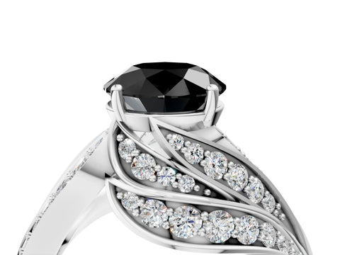 White gold Fancy Black Round Cut Diamond Solitaire Ring with Prong Setting and Twisted Pavé Band_16