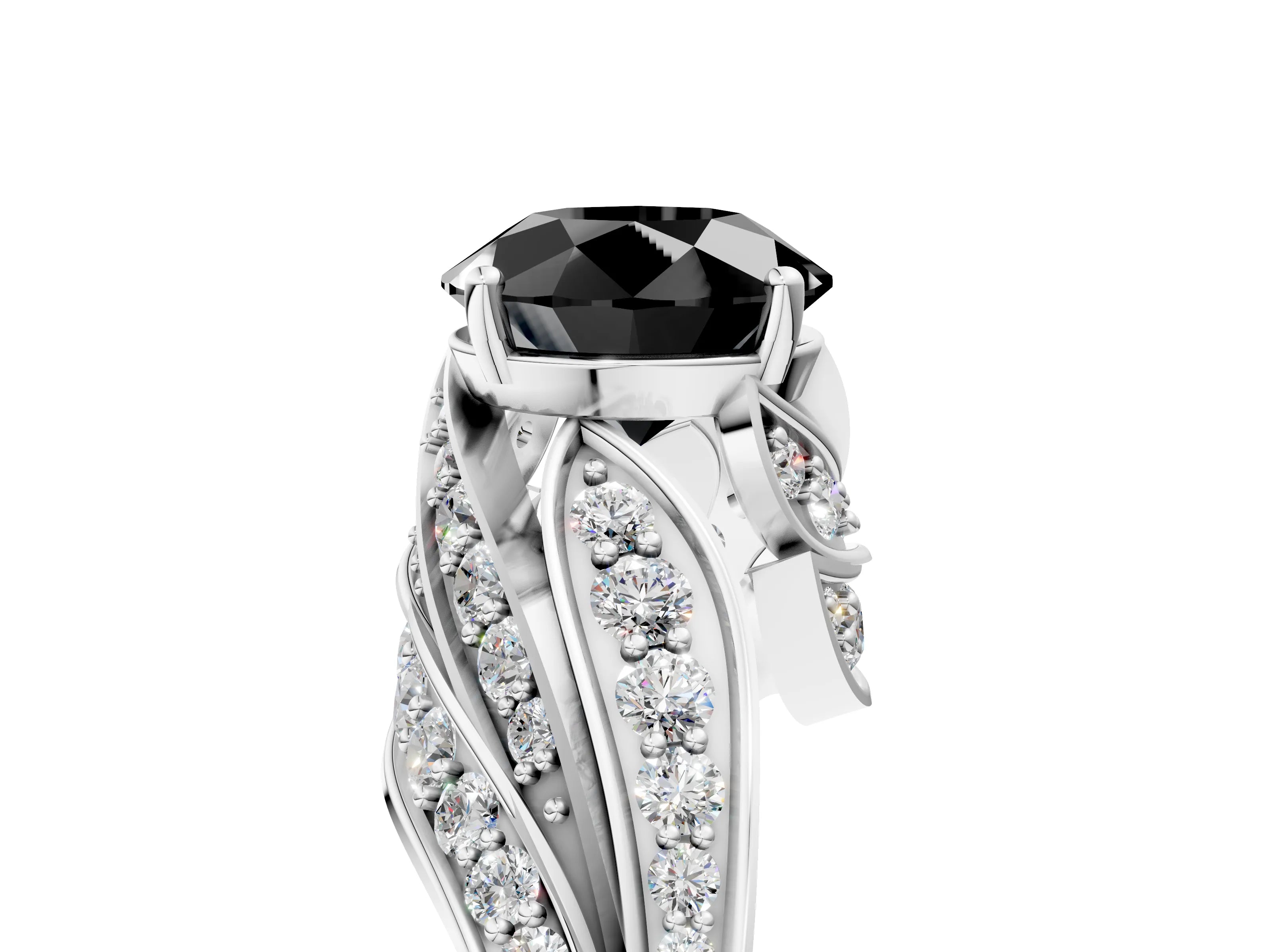 White gold Fancy Black Round Cut Diamond Solitaire Ring with Prong Setting and Twisted Pavé Band_17