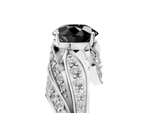 White gold Fancy Black Round Cut Diamond Solitaire Ring with Prong Setting and Twisted Pavé Band_17