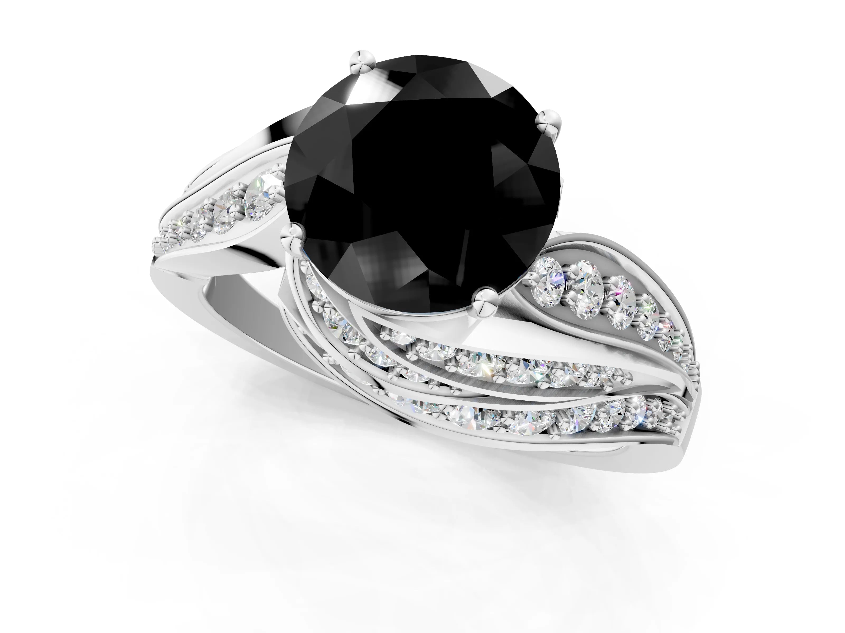 White gold Fancy Black Round Cut Diamond Solitaire Ring with Prong Setting and Twisted Pavé Band_1