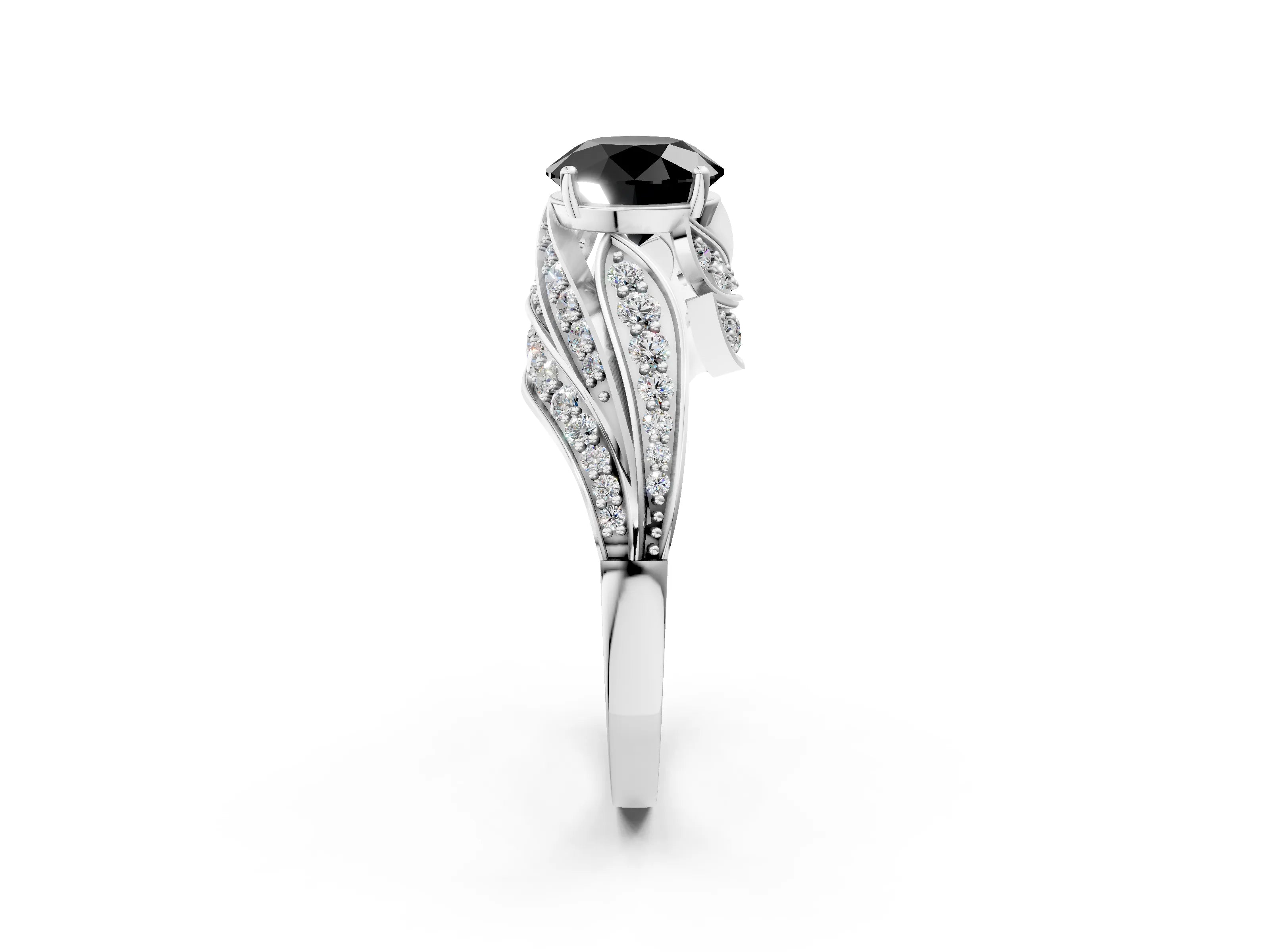 White gold Fancy Black Round Cut Diamond Solitaire Ring with Prong Setting and Twisted Pavé Band_2