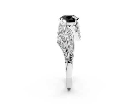 White gold Fancy Black Round Cut Diamond Solitaire Ring with Prong Setting and Twisted Pavé Band_2