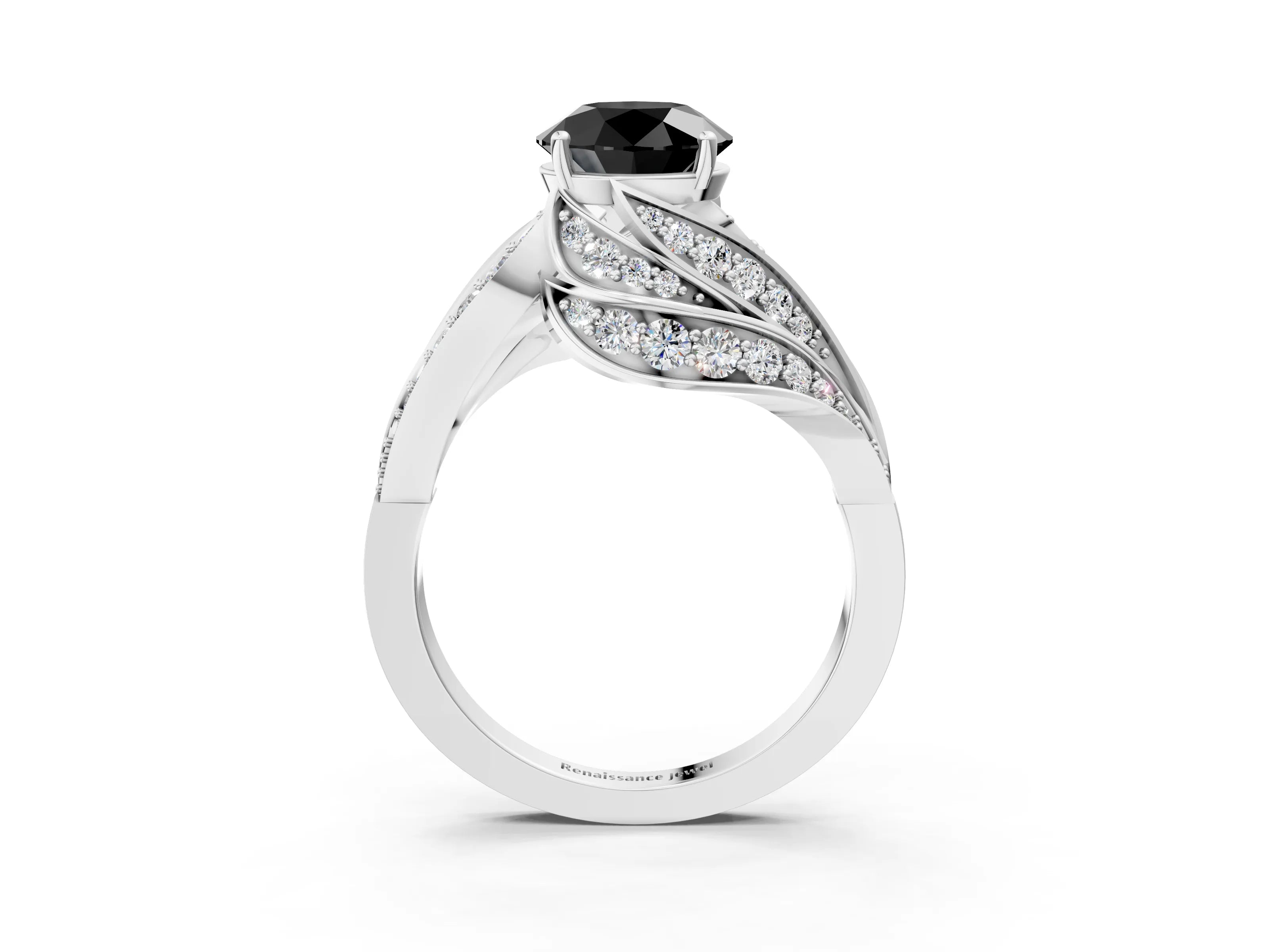 White gold Fancy Black Round Cut Diamond Solitaire Ring with Prong Setting and Twisted Pavé Band_3